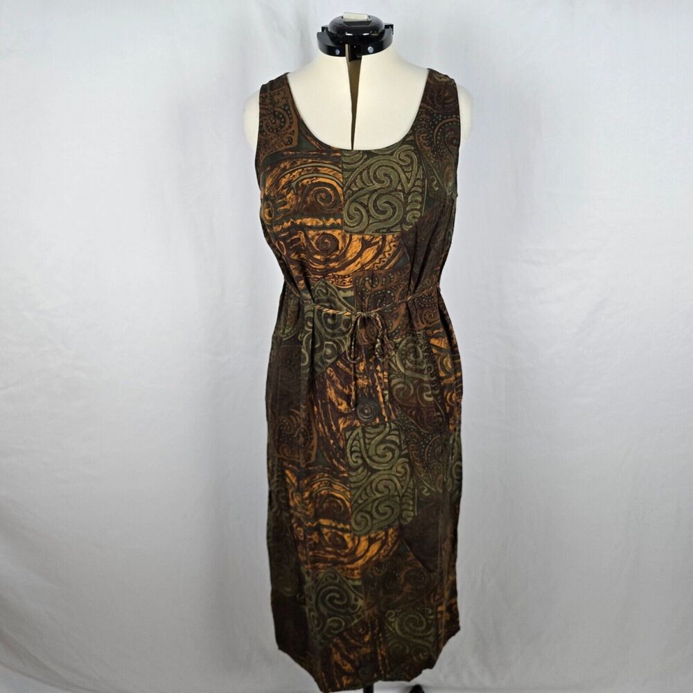 R&K Dress Women's 8P *** Green Brown Tribal Print Sleeveless Split Hem Waist Tie